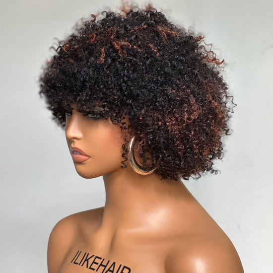 Perruque Bob Afro Curly Blonde Highlights Wig Sans colle