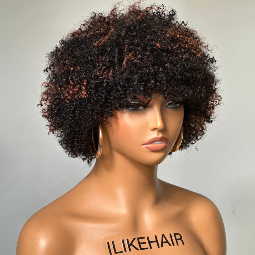 Perruque Bob Afro Curly Blonde Highlights Wig Sans colle