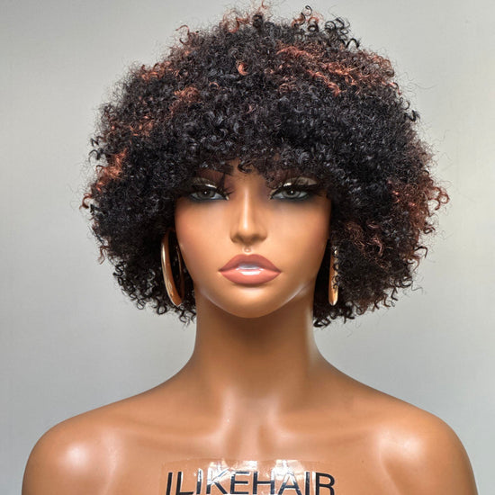 Perruque Bob Afro Curly Blonde Highlights Wig Sans colle