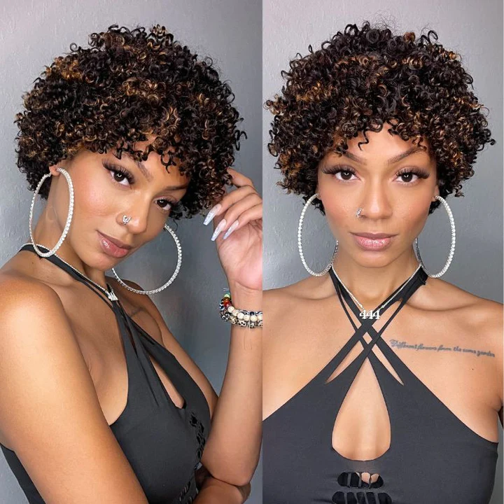 Perruque Bob Afro Curly Blonde Highlights Wig Sans colle