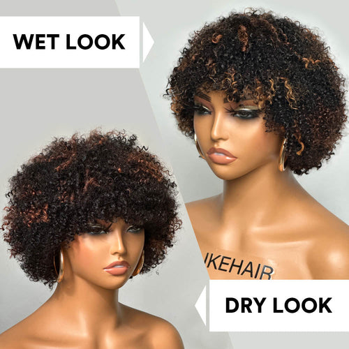 Perruque Bob Afro Curly Blonde Highlights Wig Sans colle